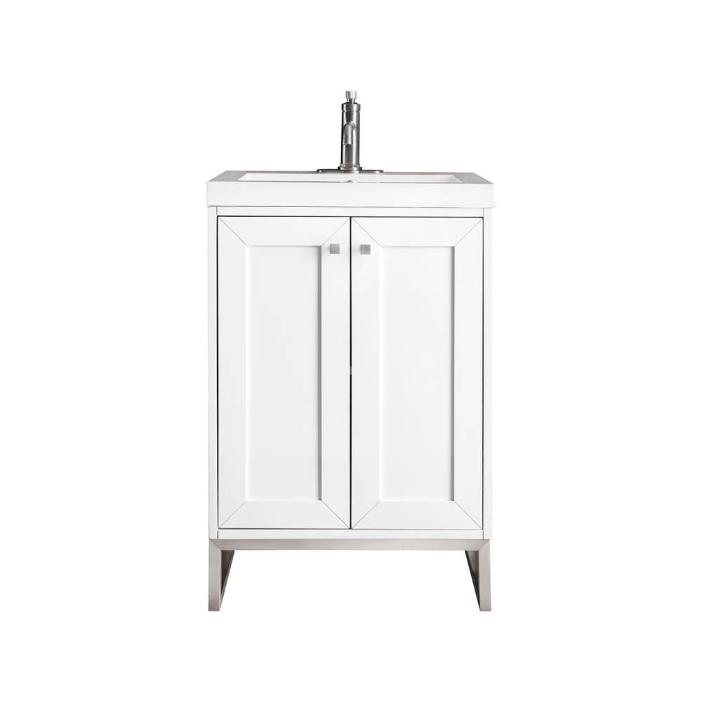 James Martin Vanities Chianti 24'' Single Vanity Cabinet, Glossy White, Brushed Nickel, w/ White Glossy Composite Countertop