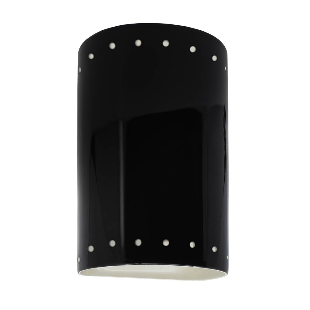 Justice Design Small Cylinder w/ Perfs - Closed Top (Outdoor) in Gloss Black with Matte White internal finish