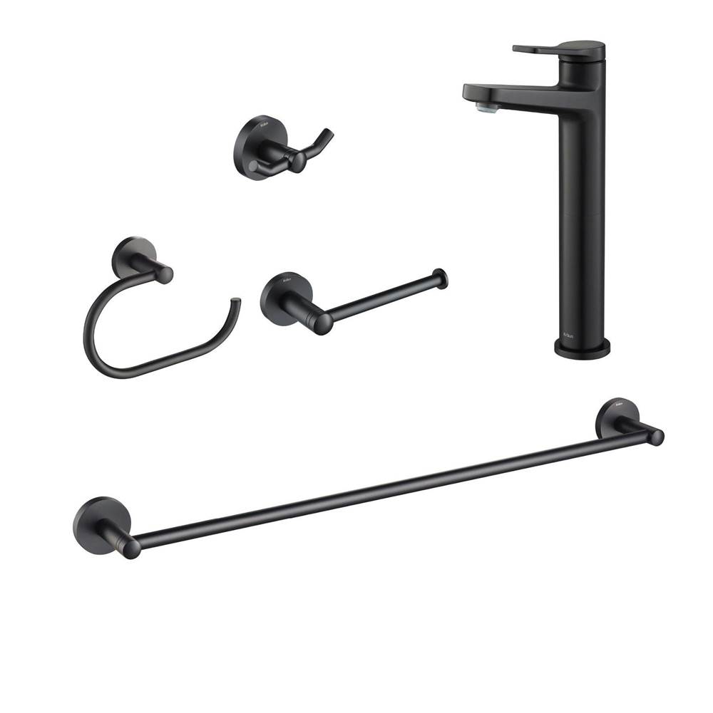 Kraus Indy Single Handle Vessel Bathroom Faucet with 24-inch Towel Bar, Paper Holder, Towel Ring and Robe Hook in Matte Black
