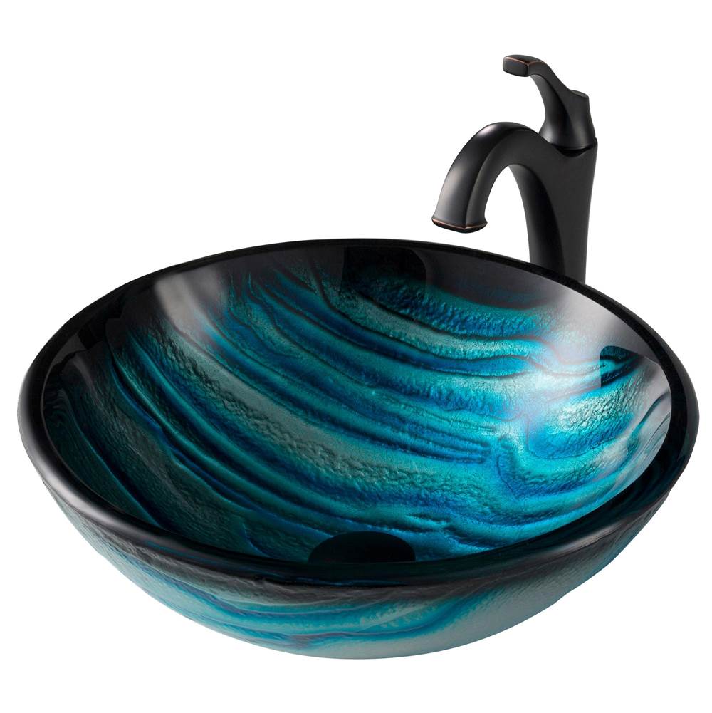 Kraus 17-inch Blue Glass Nature Series Bathroom Vessel Sink and Arlo Faucet Combo Set with Pop-Up Drain, Oil Rubbed Bronze Finish