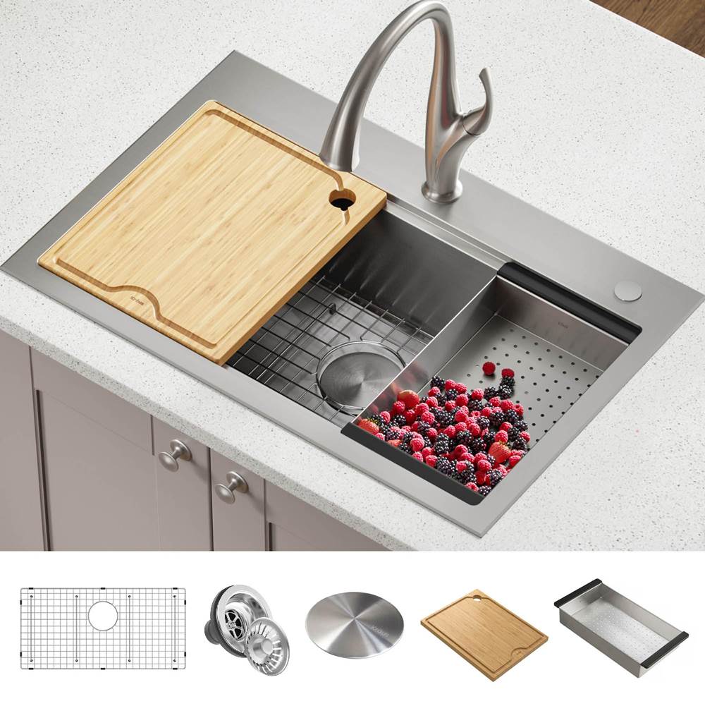 Kraus Kore Workstation 32-inch Drop-In Single Bowl Stainless Steel Kitchen Sink with Accessories (Pack of 5)