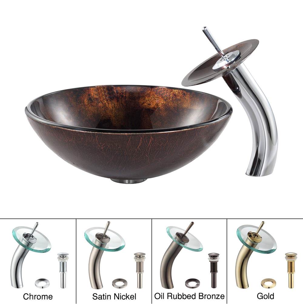 Kraus KRAUS Pluto Glass Vessel Sink in Brown with Waterfall Faucet in Chrome