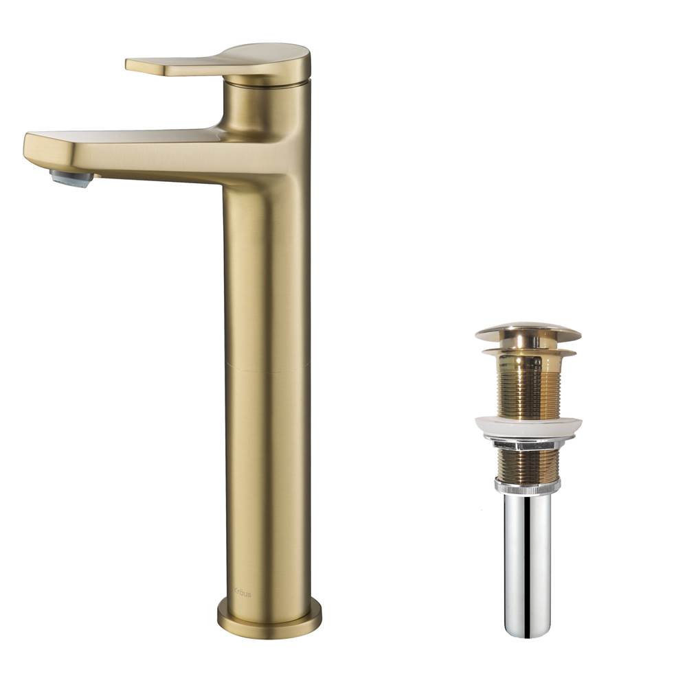 Kraus Indy Single Handle Vessel Bathroom Faucet and Pop Up Drain in Brushed Gold