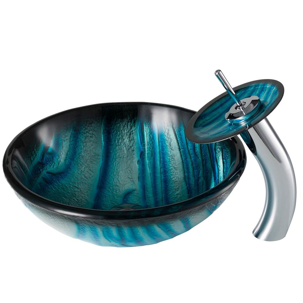 Kraus KRAUS Nature Series Blue Glass Bathroom Vessel Sink and Waterfall Faucet Combo Set with Matching Disk and Pop-Up Drain, Chrome Finish