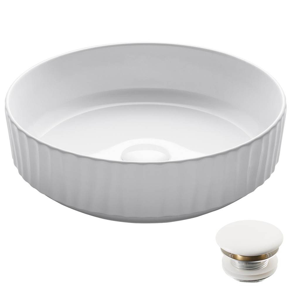 Kraus Viva Round White Porcelain Ceramic Vessel Bathroom Sink with Pop-Up Drain, 15 3/4 in. D x 4 3/4 in. H