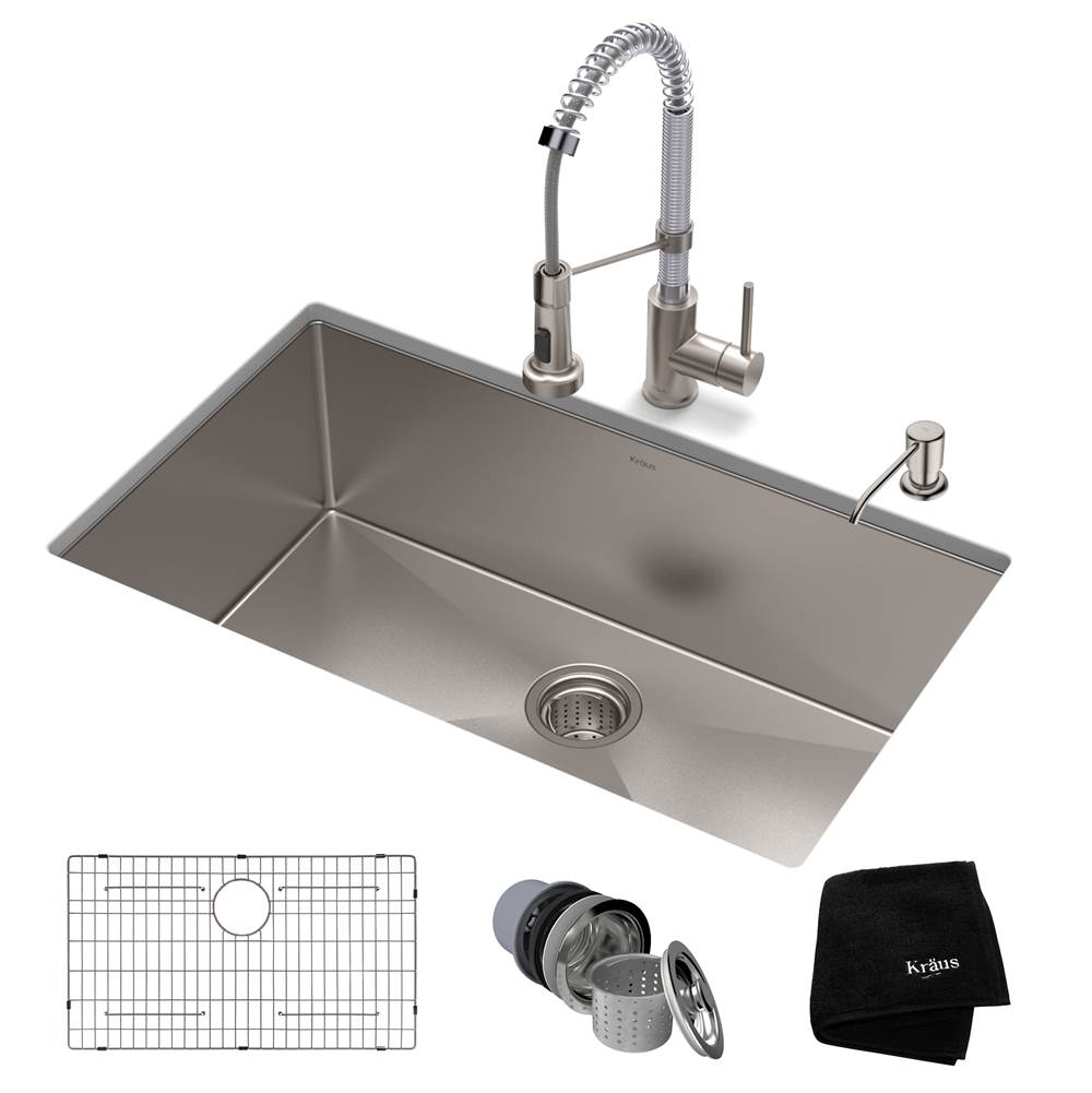 Kraus 32-inch 16 Gauge Standart PRO Kitchen Sink Combo Set with Bolden 18-inch Kitchen Faucet and Soap Dispenser, Stainless Steel Chrome Finish