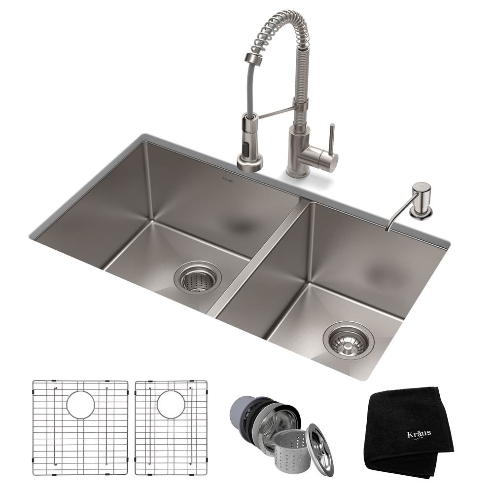 Kraus 33-inch 16 Gauge Double Bowl 60/40 Standart PRO Kitchen Sink Combo Set with Bolden 18-inch Kitchen Faucet and Soap Dispenser, Stainless Steel Finish