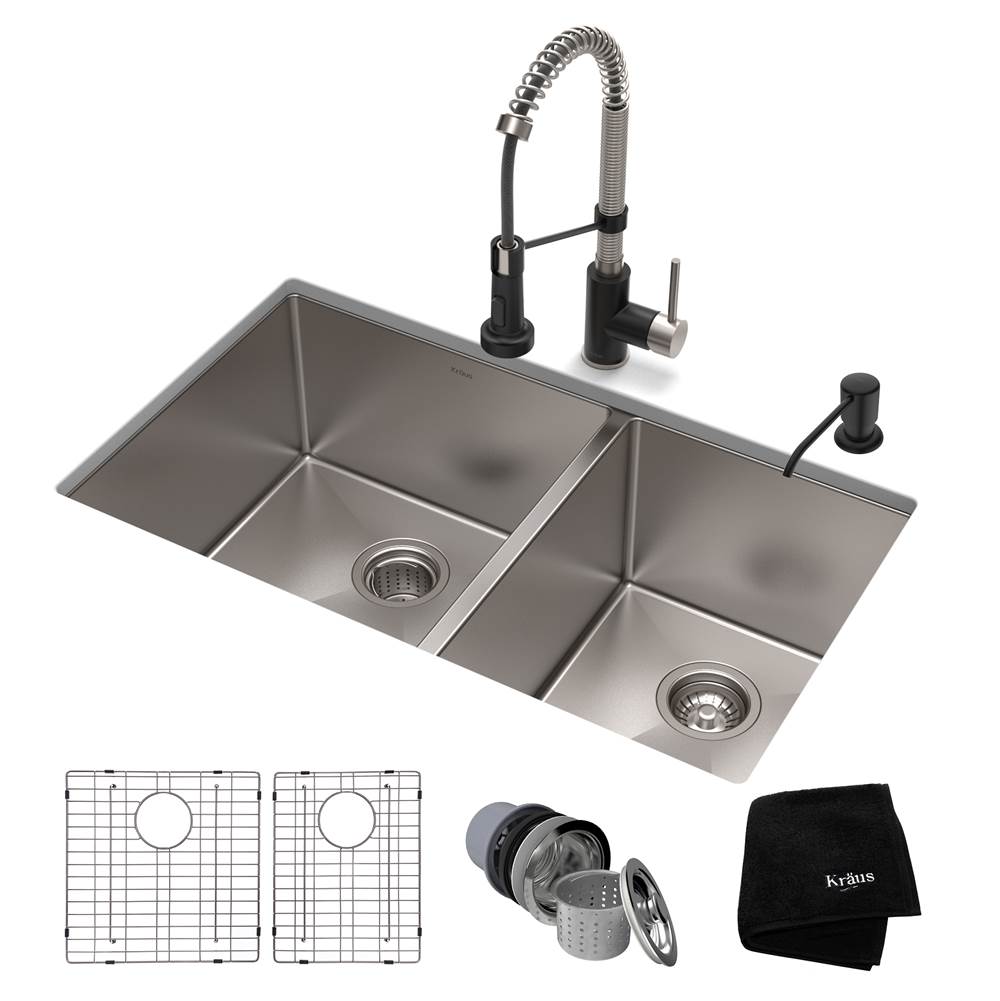 Kraus 33-inch 16 Gauge Double Bowl 60/40 Standart PRO Kitchen Sink Combo Set w/ Bolden 18-inch Faucet and Soap Dispenser, Stainless Steel Matte Black Finish