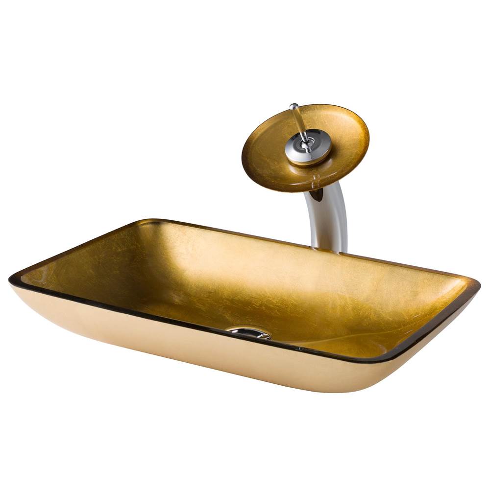 Kraus KRAUS Rectangular Gold Glass Bathroom Vessel Sink and Waterfall Faucet Combo Set with Matching Disk and Pop-Up Drain, Chrome Finish