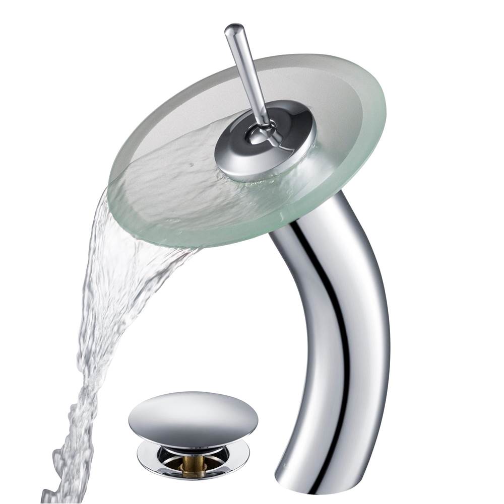Kraus KRAUS Tall Waterfall Bathroom Faucet for Vessel Sink with Frosted Glass Disk and Pop-Up Drain, Chrome Finish