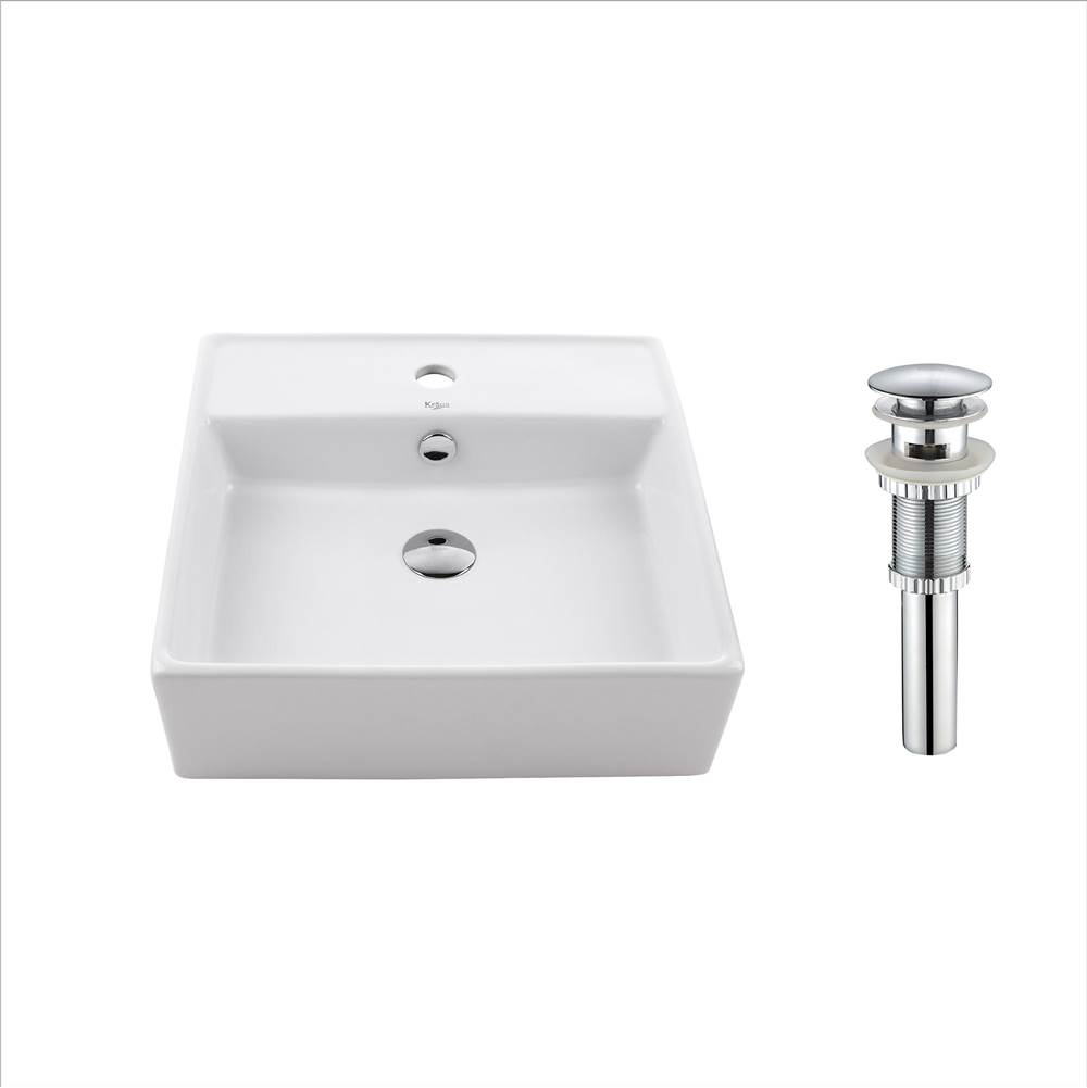 Kraus KRAUS Square Ceramic Vessel Bathroom Sink with Overflow in White and Pop-Up Drain in Chrome