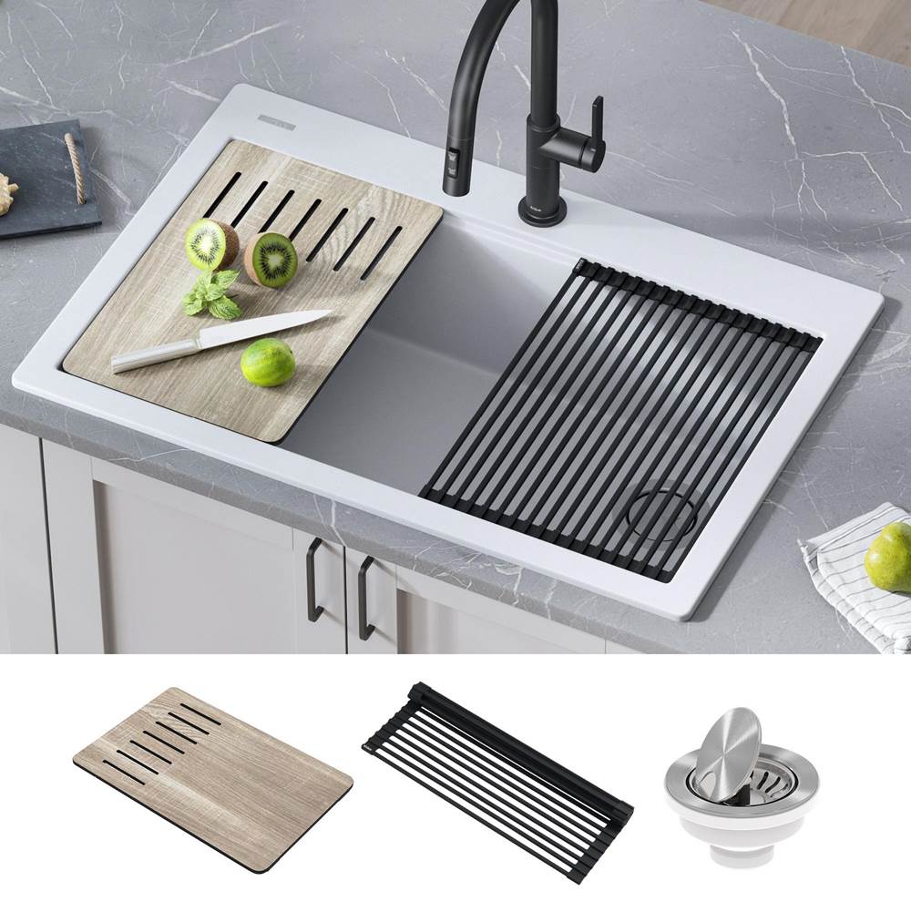 Kraus KRAUS Bellucci Workstation 33 in. Drop-In Granite Composite Single Bowl Kitchen Sink in White with Accessories