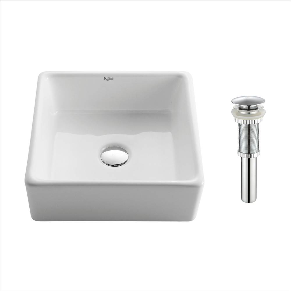 Kraus KRAUS Square Ceramic Vessel Bathroom Sink in White with Pop-Up Drain in Chrome
