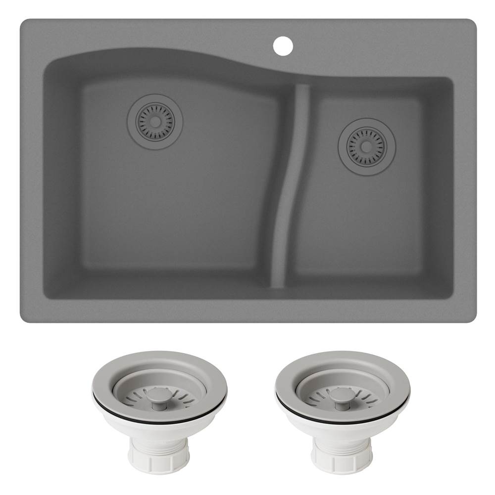 Kraus Quarza 33'' Dual Mount 60/40 Double Bowl Granite Kitchen Sink and Strainers in Grey