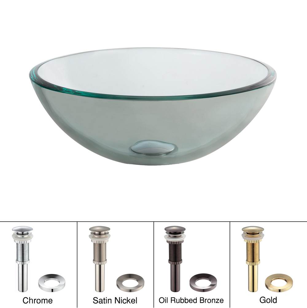 Kraus KRAUS 14 Inch Glass Vessel Sink in Clear with Pop-Up Drain and Mounting Ring in Satin Nickel