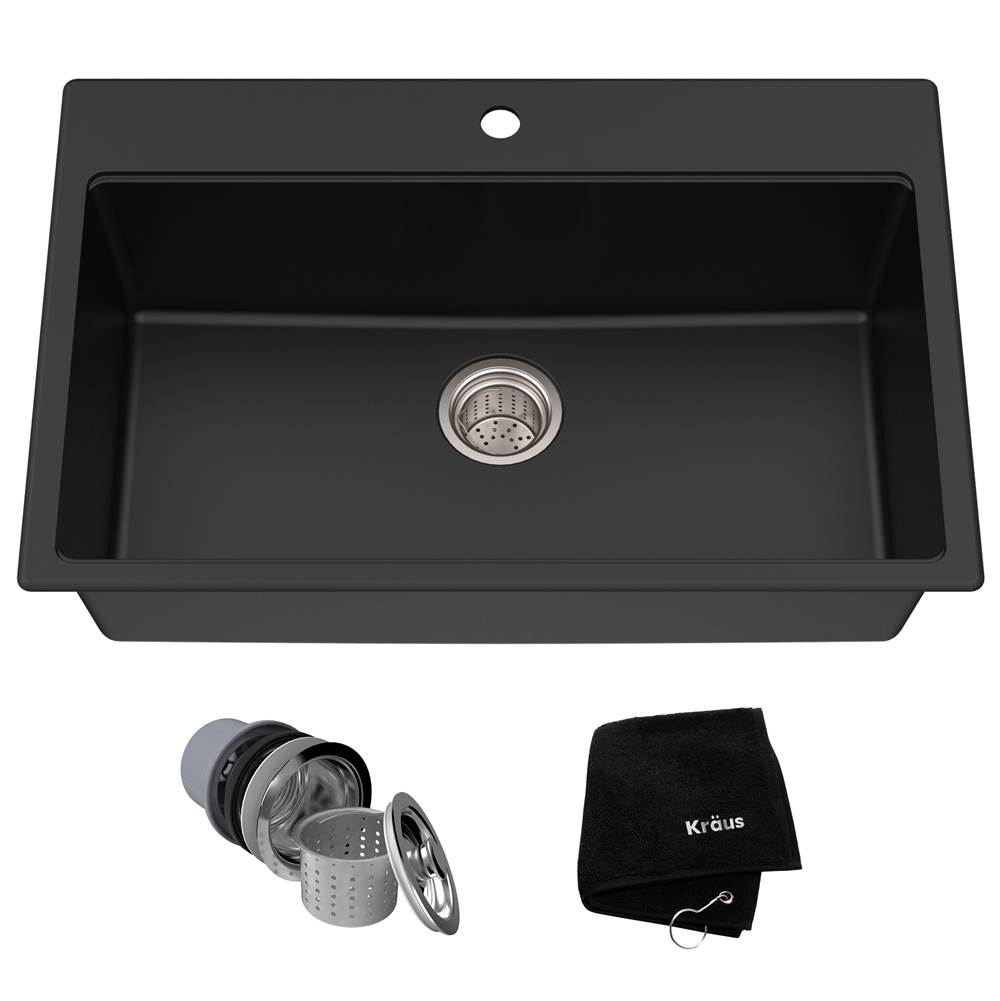 Kraus KRAUS 31 Inch Dual Mount Single Bowl Granite Kitchen Sink w/ Topmount and Undermount Installation in Black Onyx
