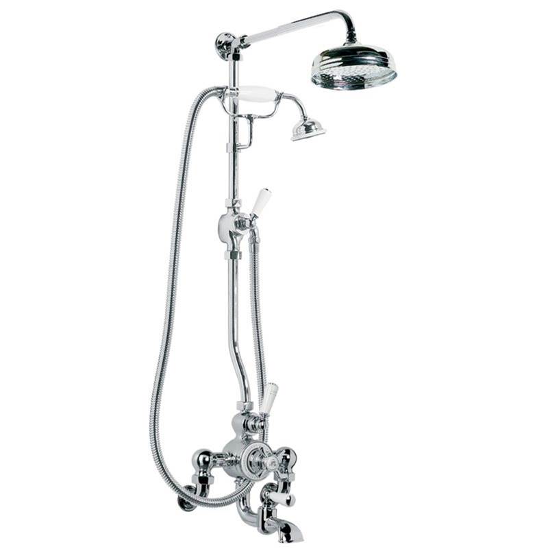 Lefroy Brooks Exposed Classic Wall Mounted Thermostatic Bath & Shower Mixer With Riser Kit, Handset, Lever Diverter &  8'' Apron Rose, Silver Nickel