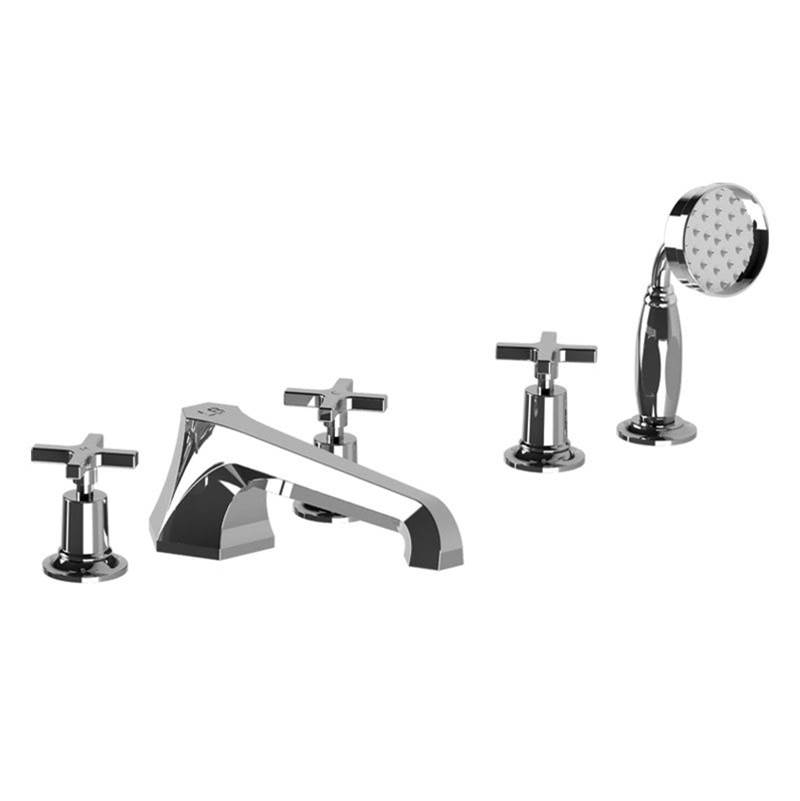 Lefroy Brooks Mackintosh Cross Handle 5-Hole Bath Set With Deck Diverter & Metal Pull-Out Hand Shower Trim To Suit R1-4007 Rough, Polished Chrome