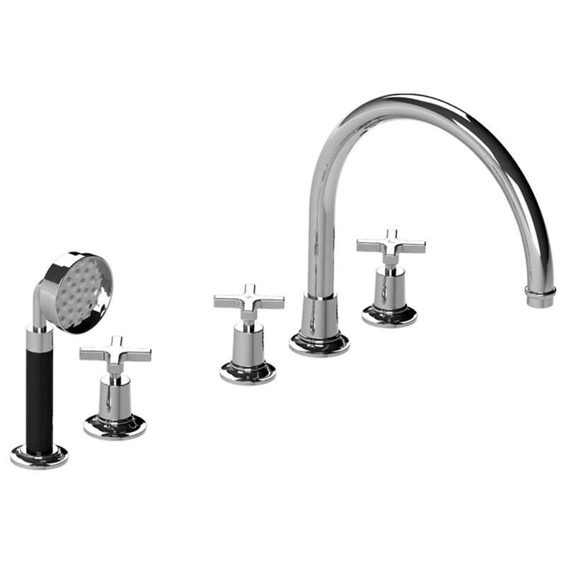 Lefroy Brooks Fleetwood Cross Handle 5-Hole Bath Trim With Black Pull-Out Hand Shower & Deck Diverter To Suit R1-4007 Rough, Polished Chrome