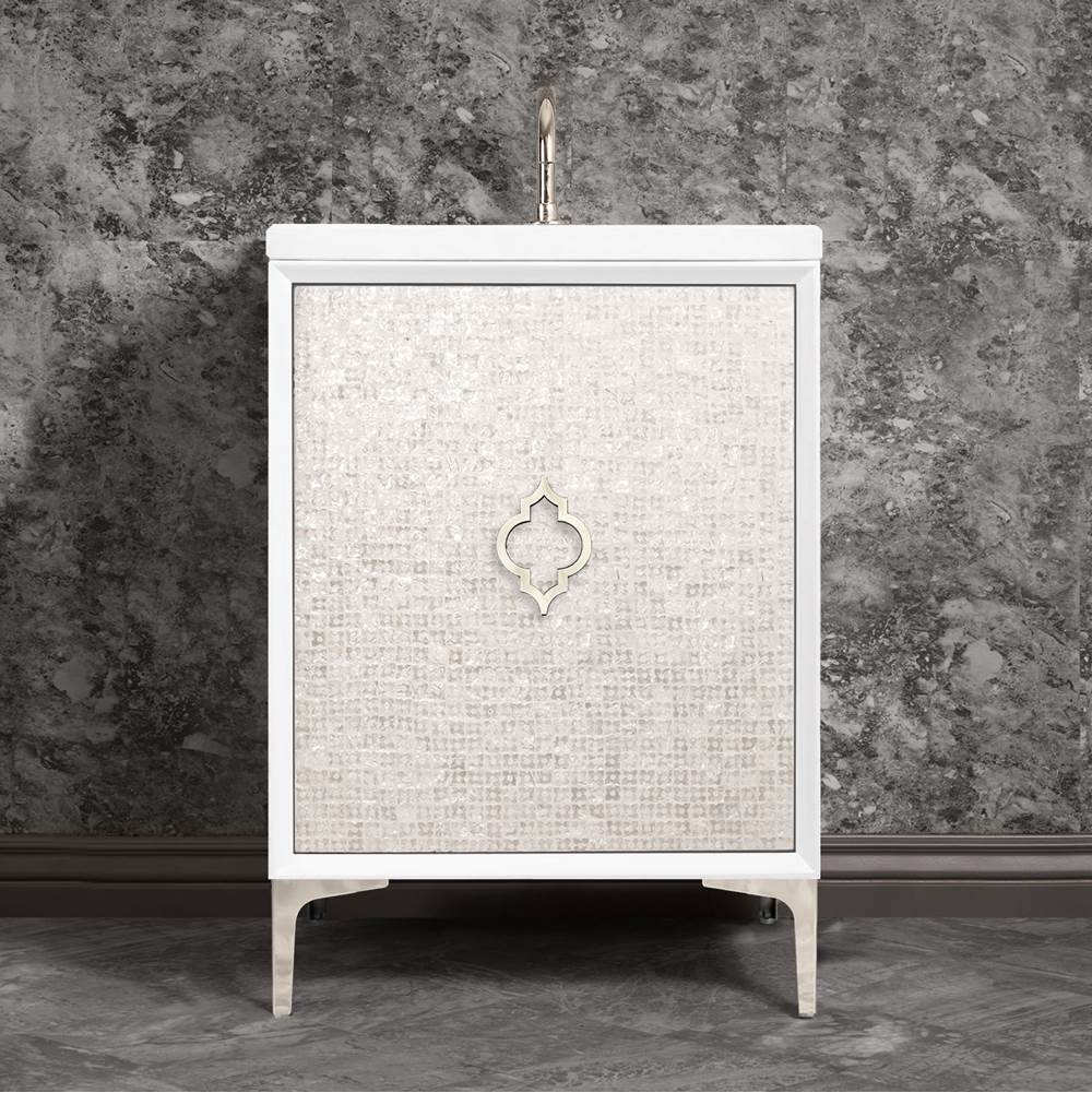 Linkasink Mother of Pearl 24'' Wide White Vanity with Polished Nickel Arabesque Pull and Hardware, 24'' x 22'' x 33.5'' (without vanity top)