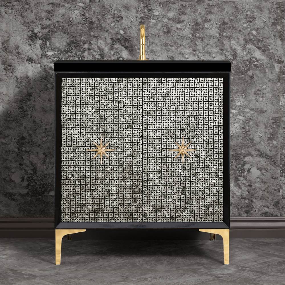 Linkasink Mother of Pearl with 3'' Polished Brass Star Hardware, 30'' Wide Vanity, Black, 30'' x 22'' x 33.5'' (without vanity top)