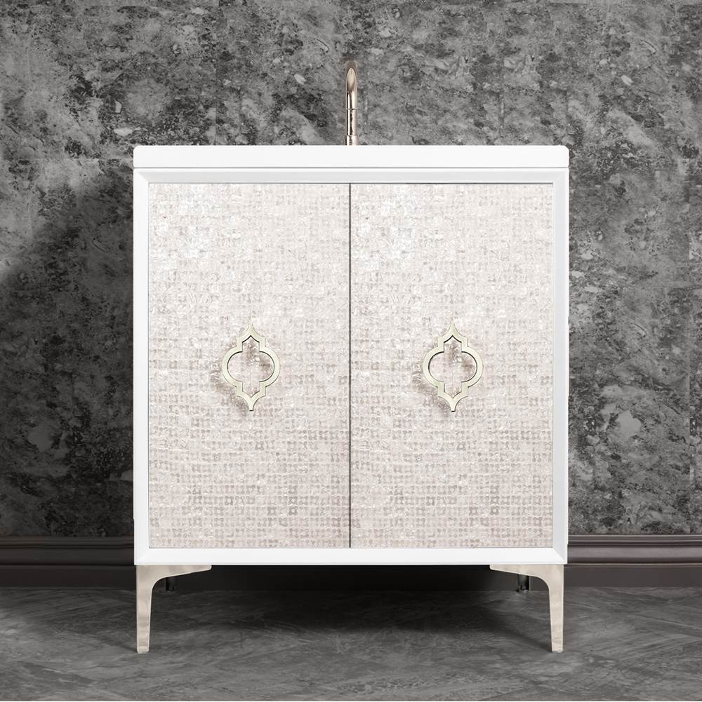 Linkasink Mother of Pearl 30'' Wide White Vanity with Polished Nickel Arabesque Pull and Hardware