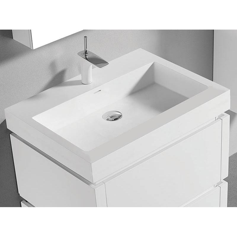 Madeli 22''D-Trough 30''W Solid Surface , Sink. Glossy White, No Faucet Hole. W/Overflow, Basin Depth: 5-3/4'', 29-7/8'' X 22-1/8'' X 4-1/2''
