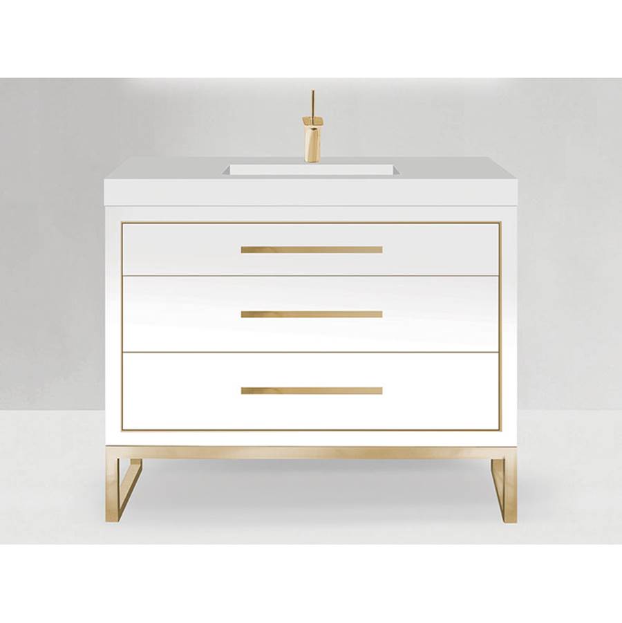 Madeli Estate 42''. White Free Standing Cabinet Polished Chrome Handles(X3)/L-Legs(X4)/Inlay 41-5/8''X 22''X33-1/2''