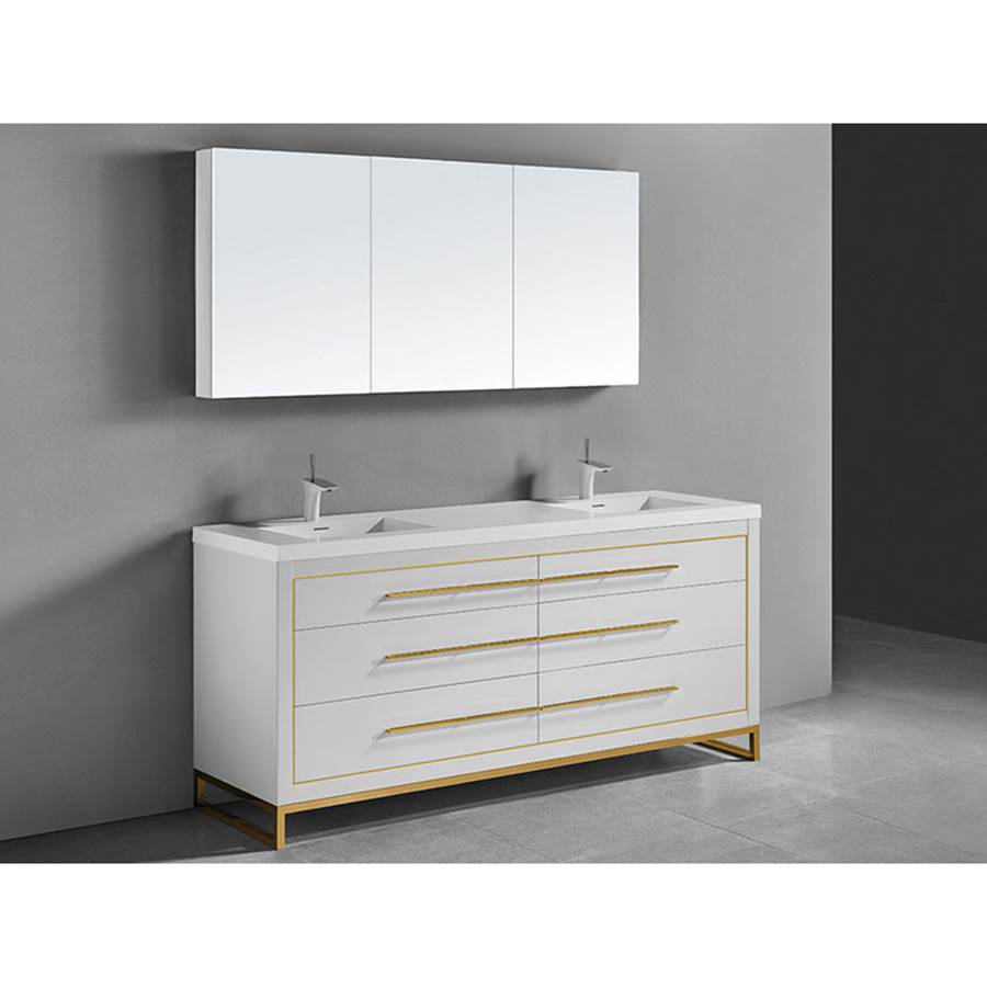 Madeli Estate 60''. White, Free Standing Cabinet.2-Bowls, Polished Chrome , Handles(X6)/S-Legs(X2)/Inlay, 59-5/8''X 22''X33-1/2''