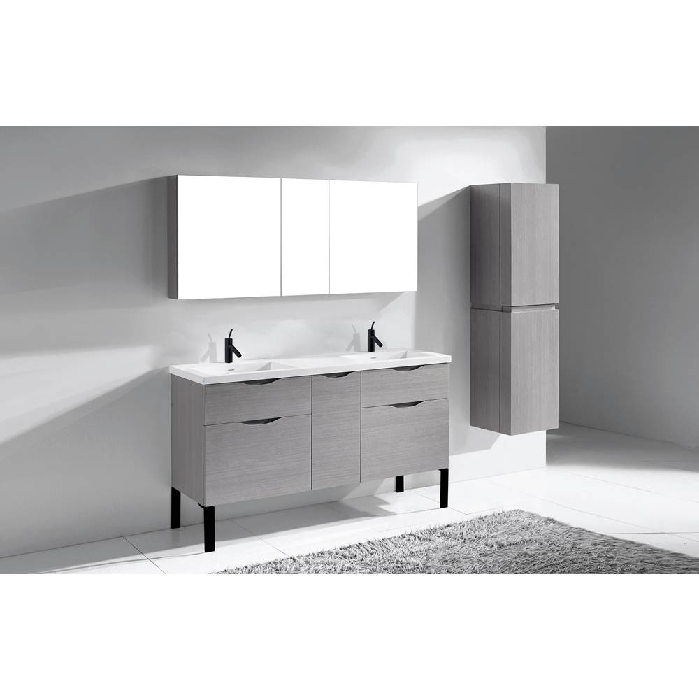 Madeli Milano 60''. Ash Grey, Free Standing Cabinet. 2-Bowls, Brushed Nickel S-Legs (X2), 59-1/4'' X 18'' X 33-1/2''