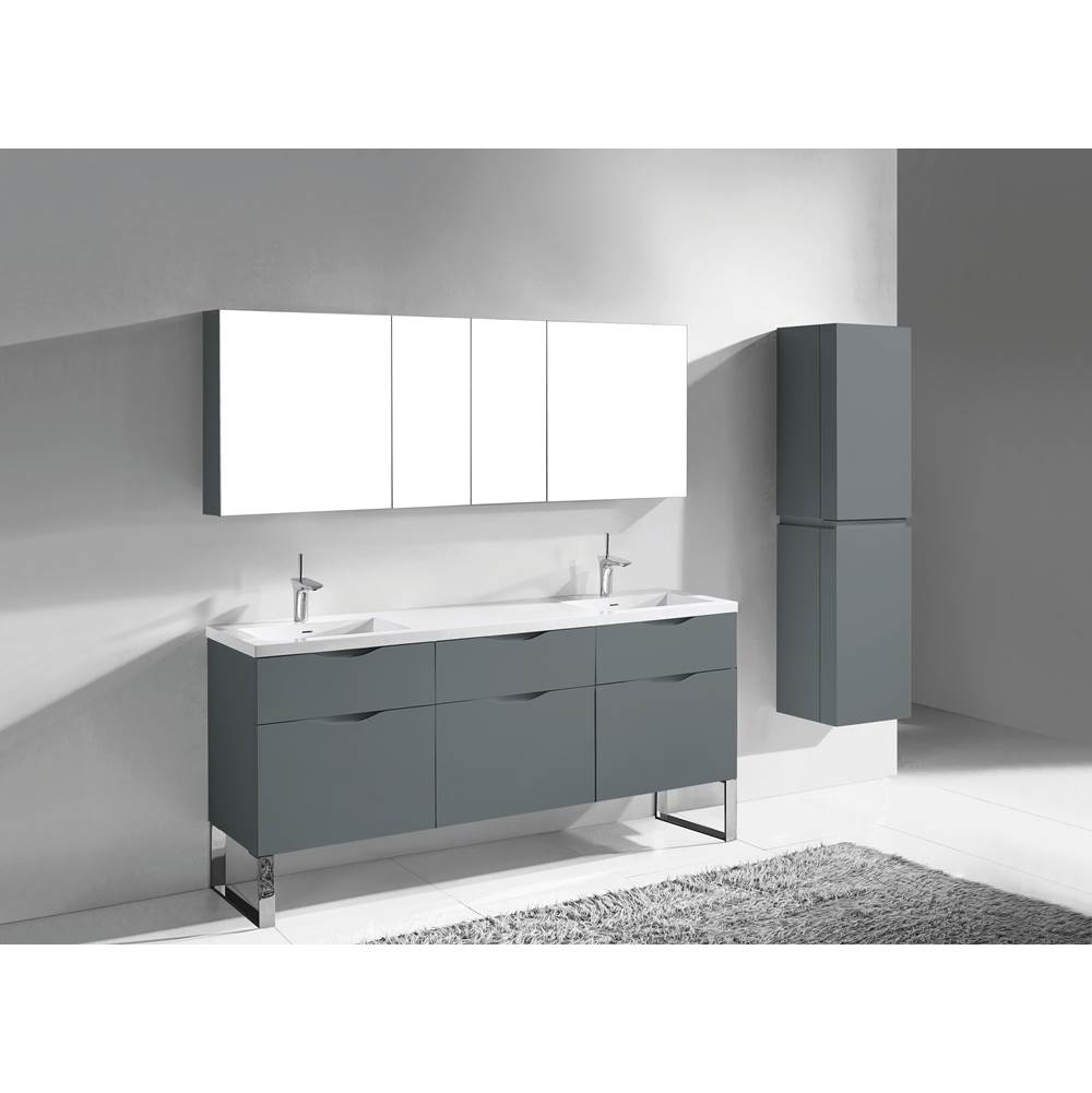 Madeli Milano 72''. Studio Grey, Free Standing Cabinet. 2-Bowls, Polished Nickel L-Legs (X4), 71-1/16''X18''X33-1/2''