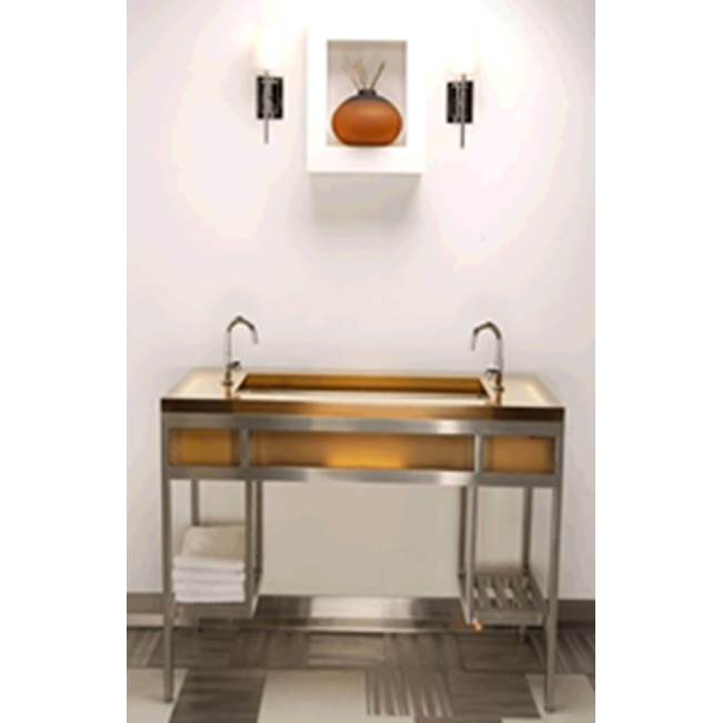 Neo-Metro by Acorn ebb console, brushed stainless steel frame, Cloudnine (white) resin countertop, 14 X 14 deep brushed stainless steel basin, LED light system