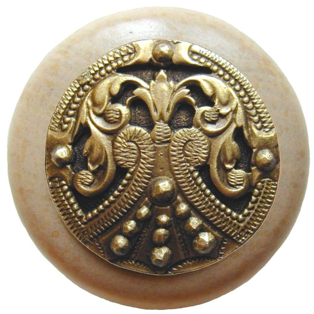 Notting Hill Regal Crest Wood Knob in Antique Brass/Natural wood finish