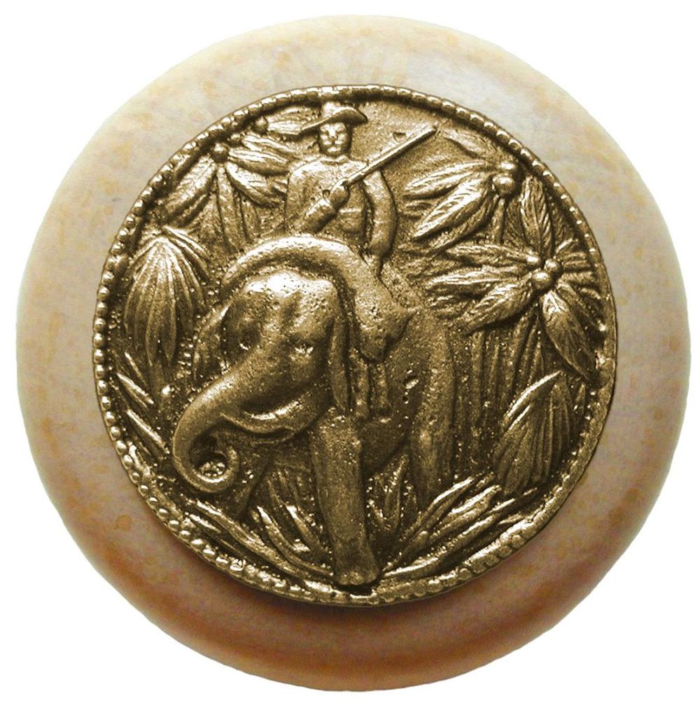 Notting Hill Jungle Patrol Wood Knob in Antique Brass/Natural wood finish