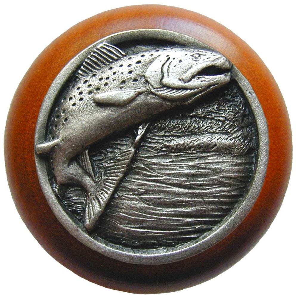 Notting Hill Leaping Trout Wood Knob in Antique Pewter/Cherry wood finish