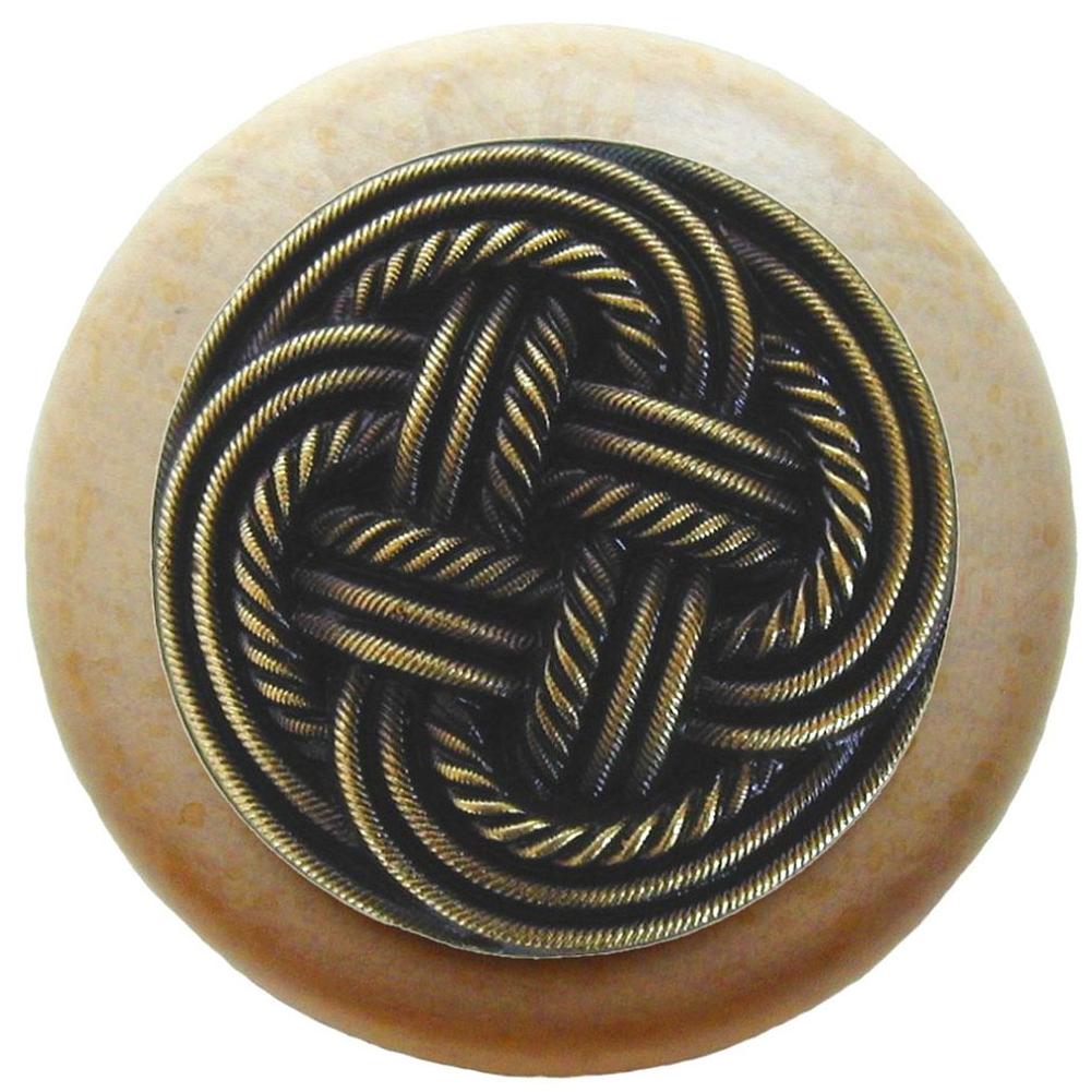Notting Hill Classic Weave Wood Knob in Antique Brass/Natural wood finish