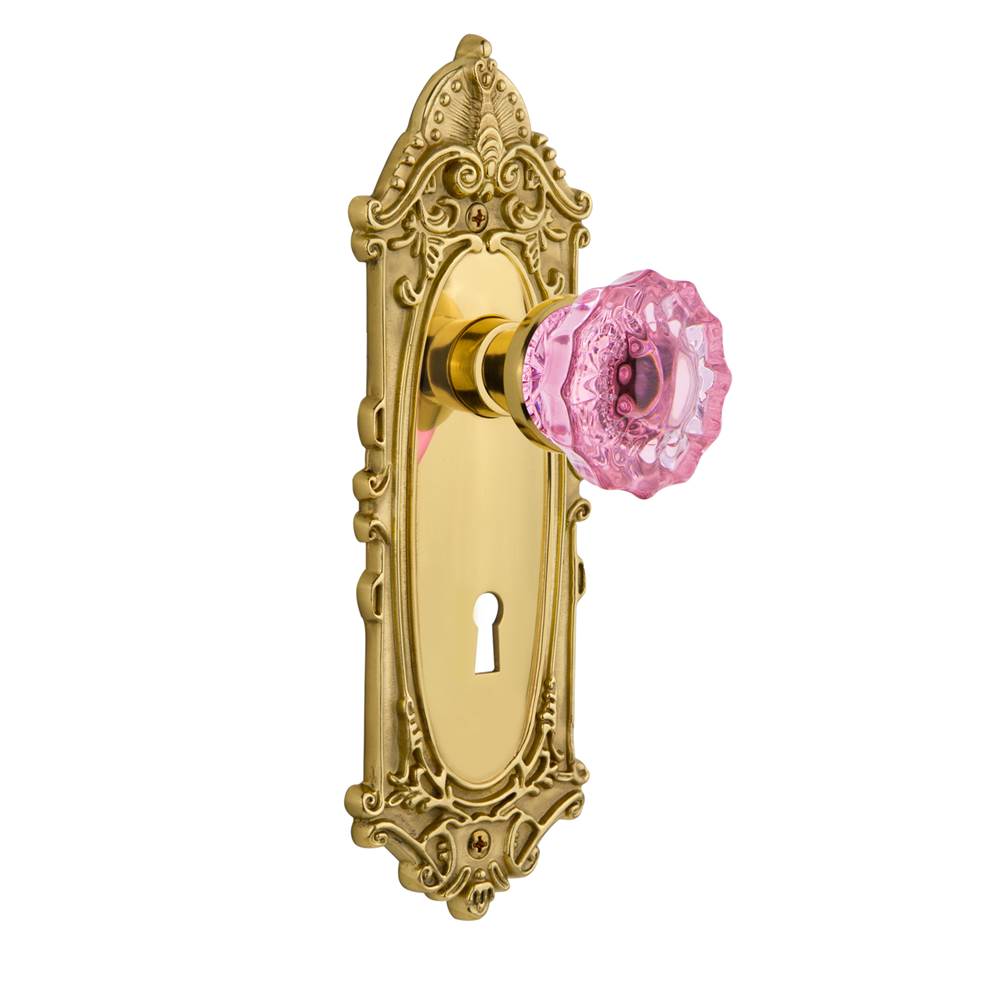 Nostalgic Warehouse Nostalgic Warehouse Victorian Plate with Keyhole Single Dummy Crystal Pink Glass Door Knob in Unlaquered Brass