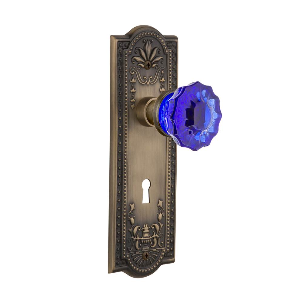 Nostalgic Warehouse Nostalgic Warehouse Meadows Plate with Keyhole Privacy Crystal Cobalt Glass Door Knob in Antique Brass