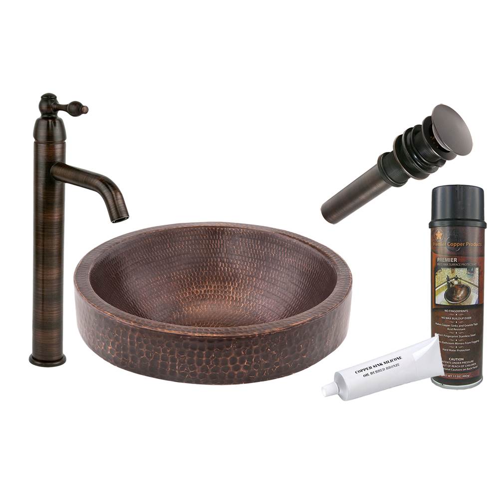Premier Copper Products Small Round Skirted Vessel Hammered Copper Sink with ORB Single Handle Vessel Faucet, Matching Drain and Accessories