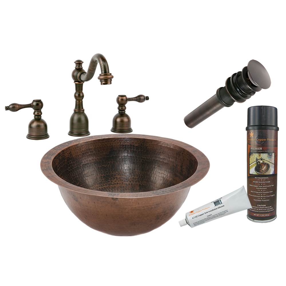 Premier Copper Products Small Round Under Counter Hammered Copper Sink with ORB Widespread Faucet, Matching Drain and Accessories