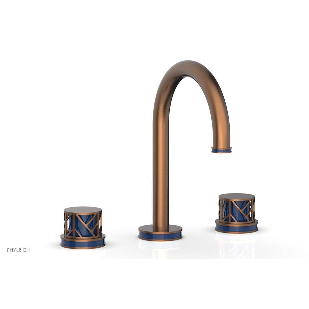 Phylrich Antique Copper Jolie Widespread Lavatory Faucet With Gooseneck Spout, Round Cutaway Handles, And Navy Blue Accents - 1.2GPM